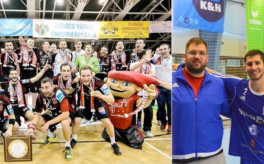 El Veszprem celebrant la lliga, i Aleix Pérez i Marc Jordan tancant etapa a Balmasz