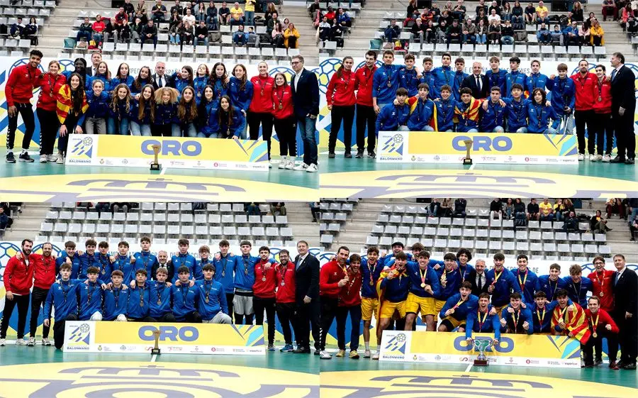 La selecció infantil femenina i les tres seleccions masculins amb els trofeus de campions d'Espanya