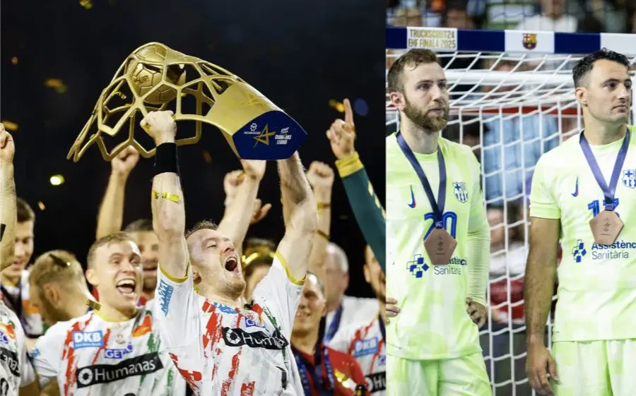 El Magdeburg celebrant el títol i Aleix Gómez i Aitor Ariño tristos